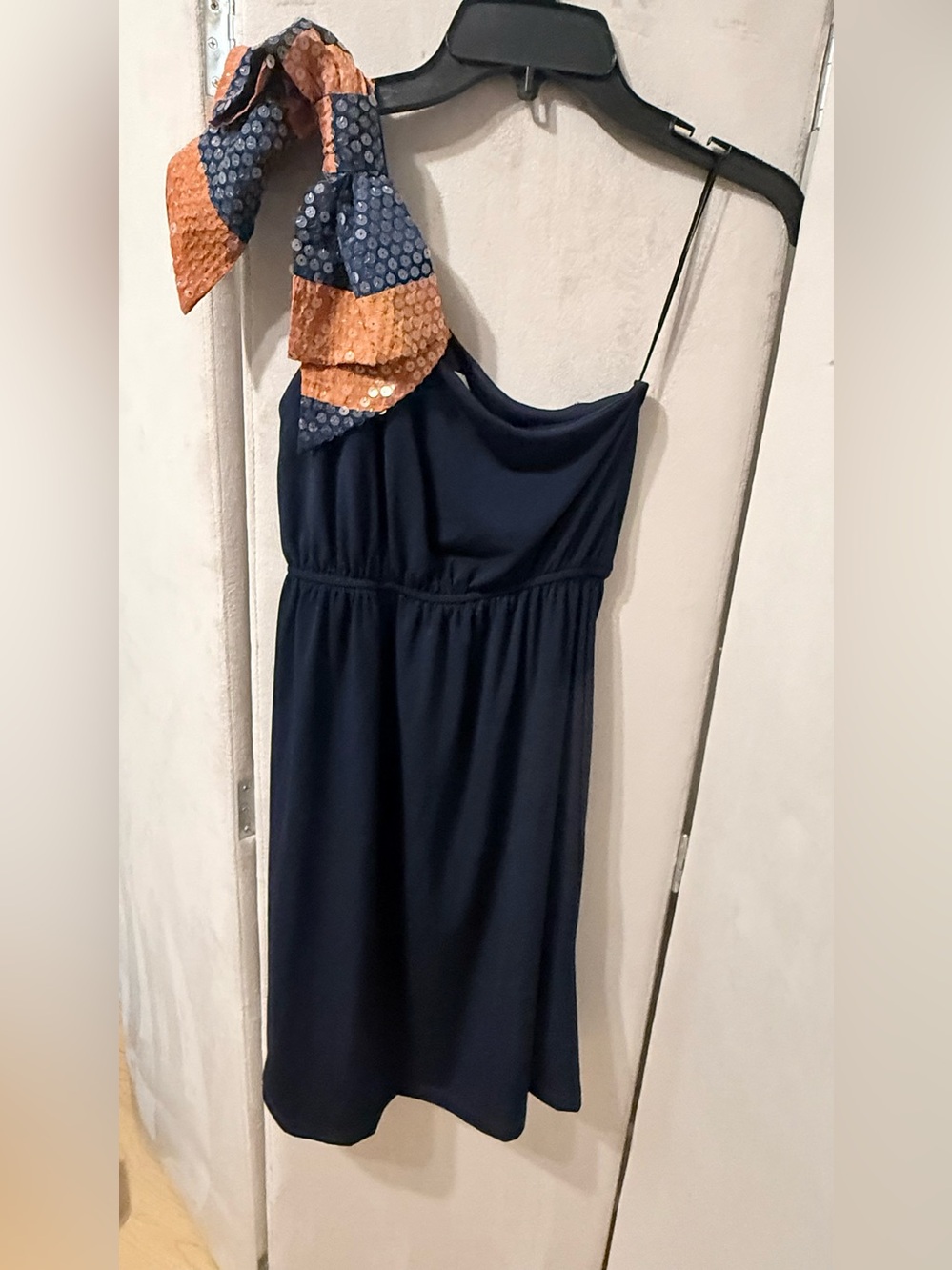 Judith March Navy One-Shoulder Dress with Sequin Accent